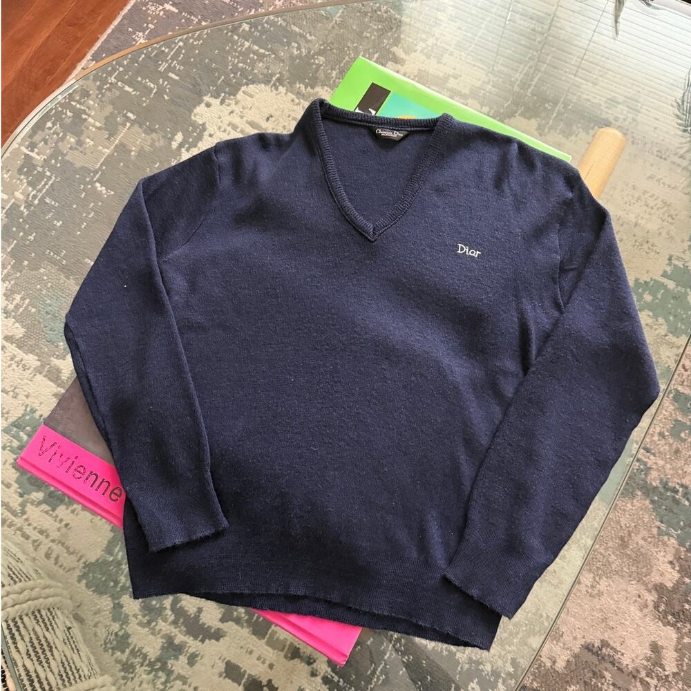 Christian Dior 1980's Navy Blue V-Neck Vintage Sweater